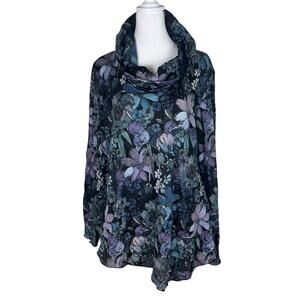 Snoskins Crinkle Cowl Neck Blouse Wearable Art Whimsy Dark Floral Size Large